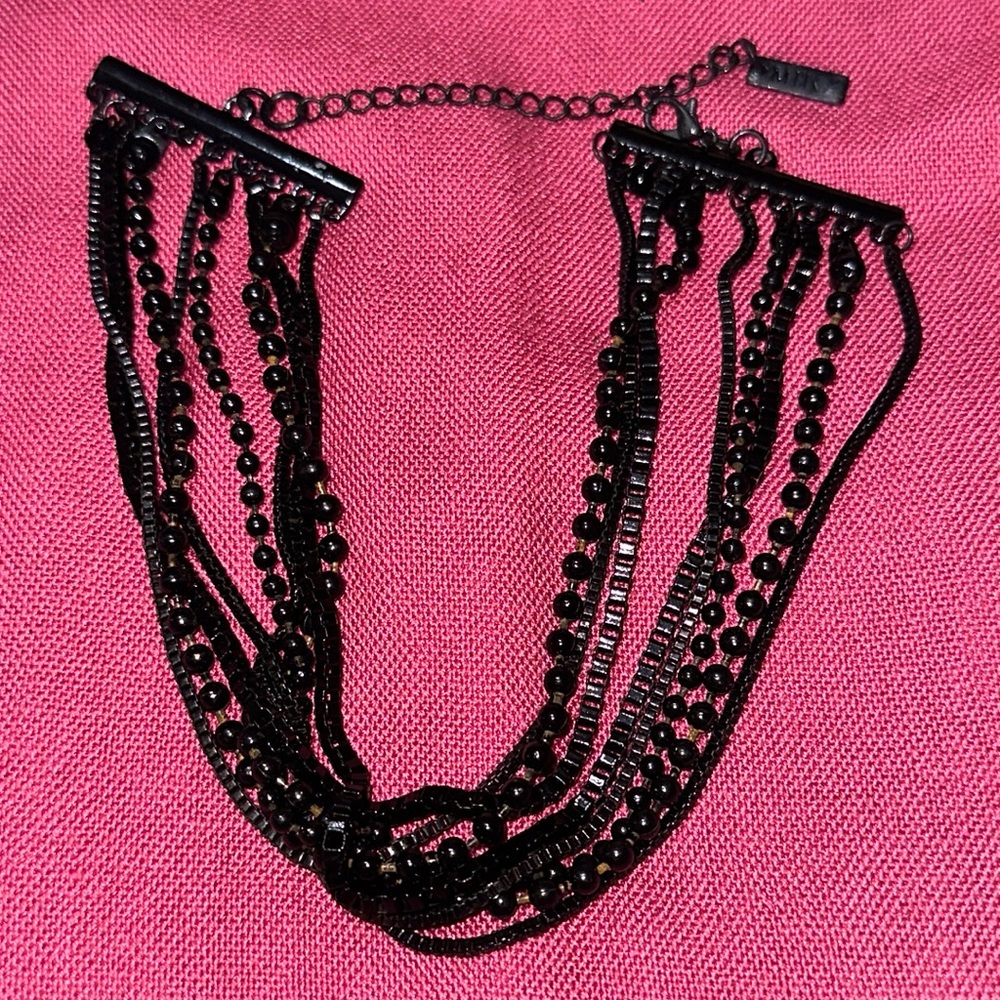 Black 5 Strand Beaded & Chained Choker Necklace, Clean.